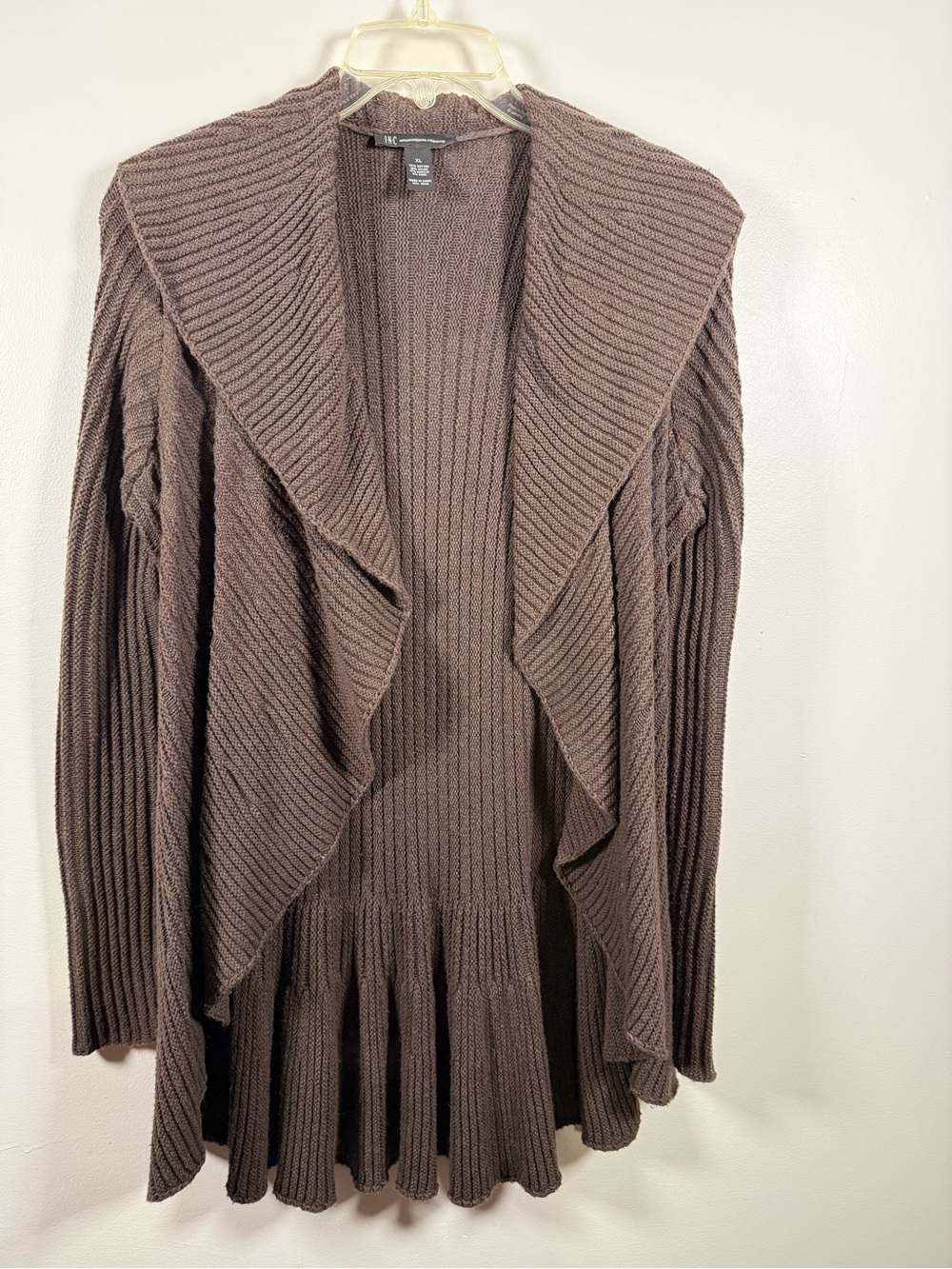 INC International Concepts Taupe Ribbed Draped Open-Front Cardigan